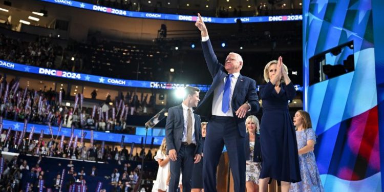 Tim Walz bolstered by Clinton, Pelosi and Oprah in formal debut as Harris’s VP