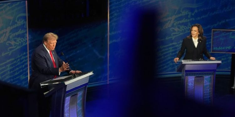 Harris crisply attacks Trump in debate; he retorts with fiery rhetoric
